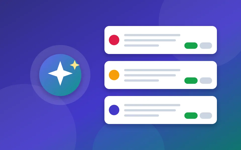 Illustration of an AI assistant with a sparkle icon next to three recommended actions, each with approve and dismiss buttons