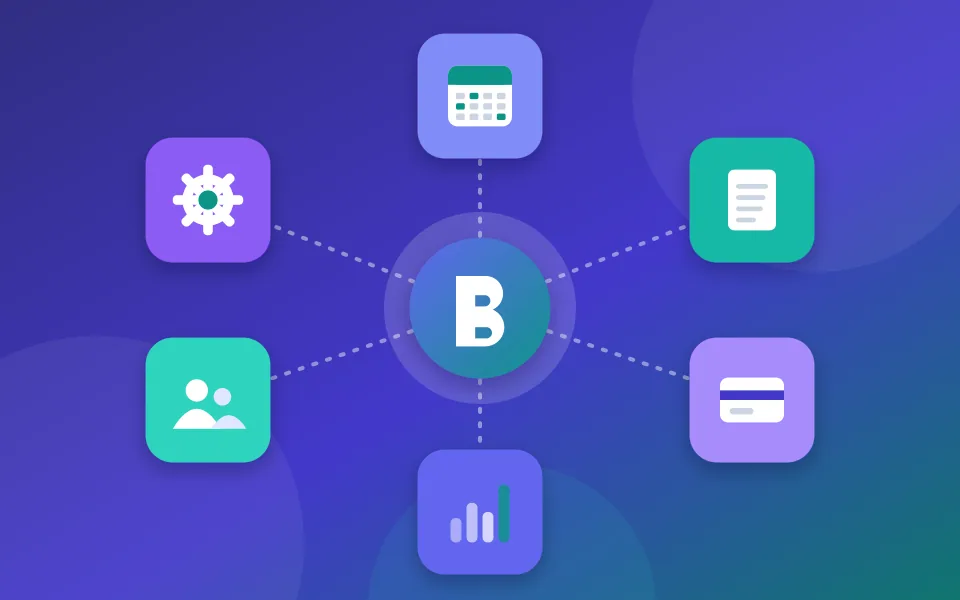 Illustration of six connected business modules (calendar, documents, payments, analytics, people and tools) arranged around one central hub