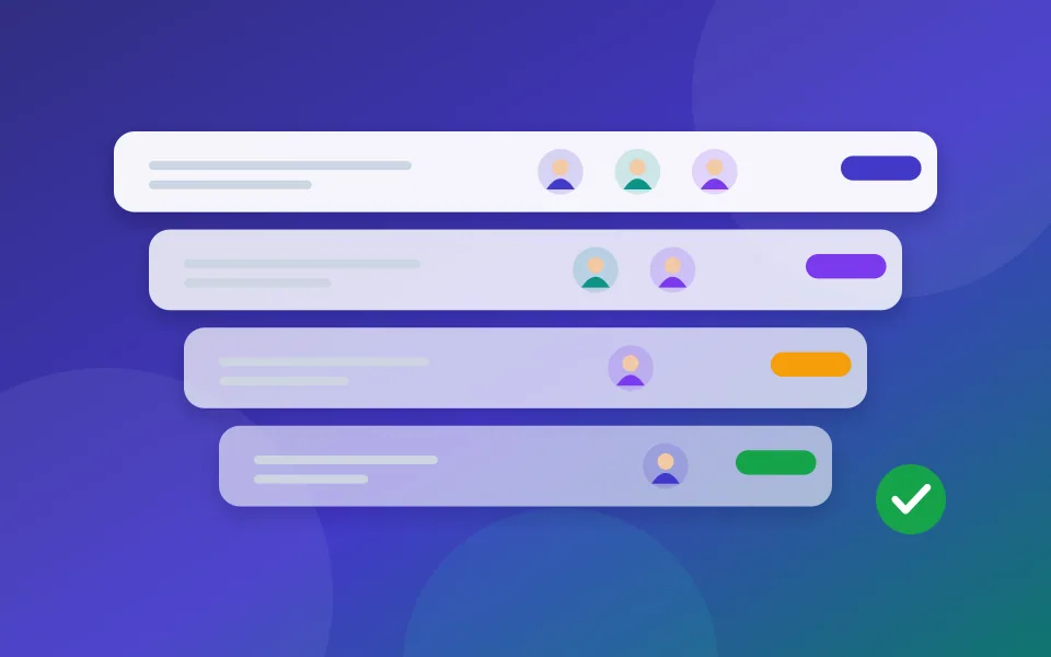 Illustration of a sales pipeline narrowing through four stages, with deals assigned to team members and one marked as won